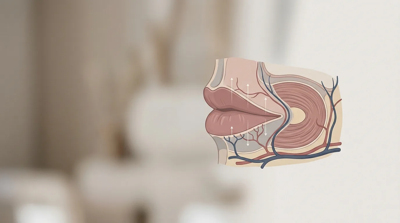 Dudak dikey enjeksiyon tekniği sırasında anatomik katmanların ve vasküler yapıların şematik gösterimi
