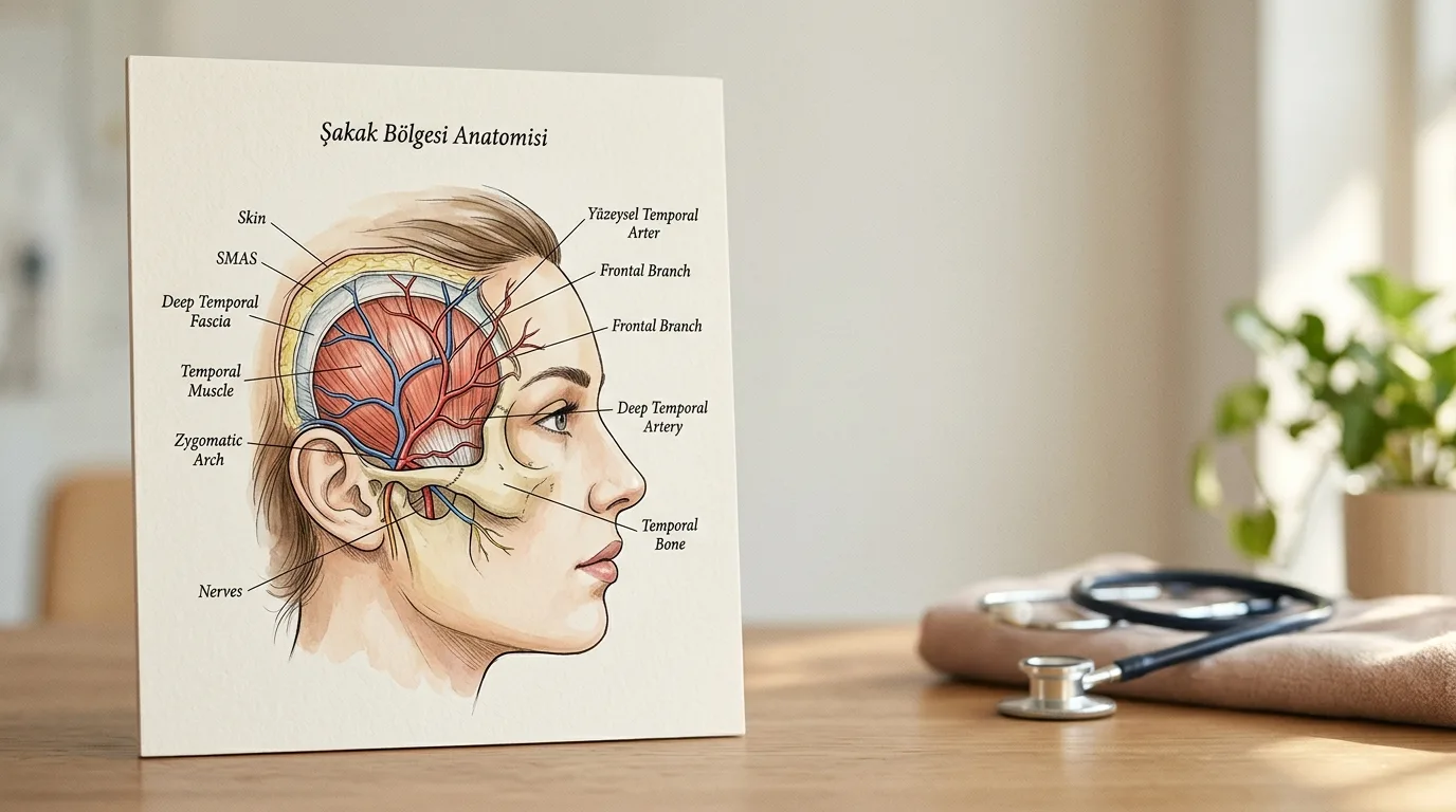Şakak bölgesi anatomik katmanlarını ve vasküler yapıları gösteren klinik şema