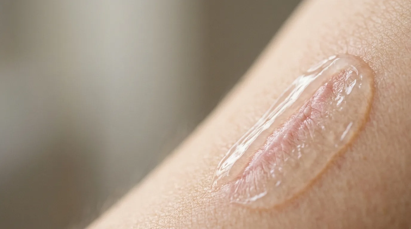 Microscopic view of silicone gel forming a protective barrier over healing scar tissue